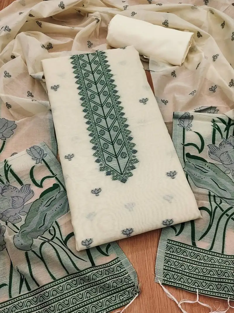 Offwhite muga cotton with jamdani weaving work unstitched suit