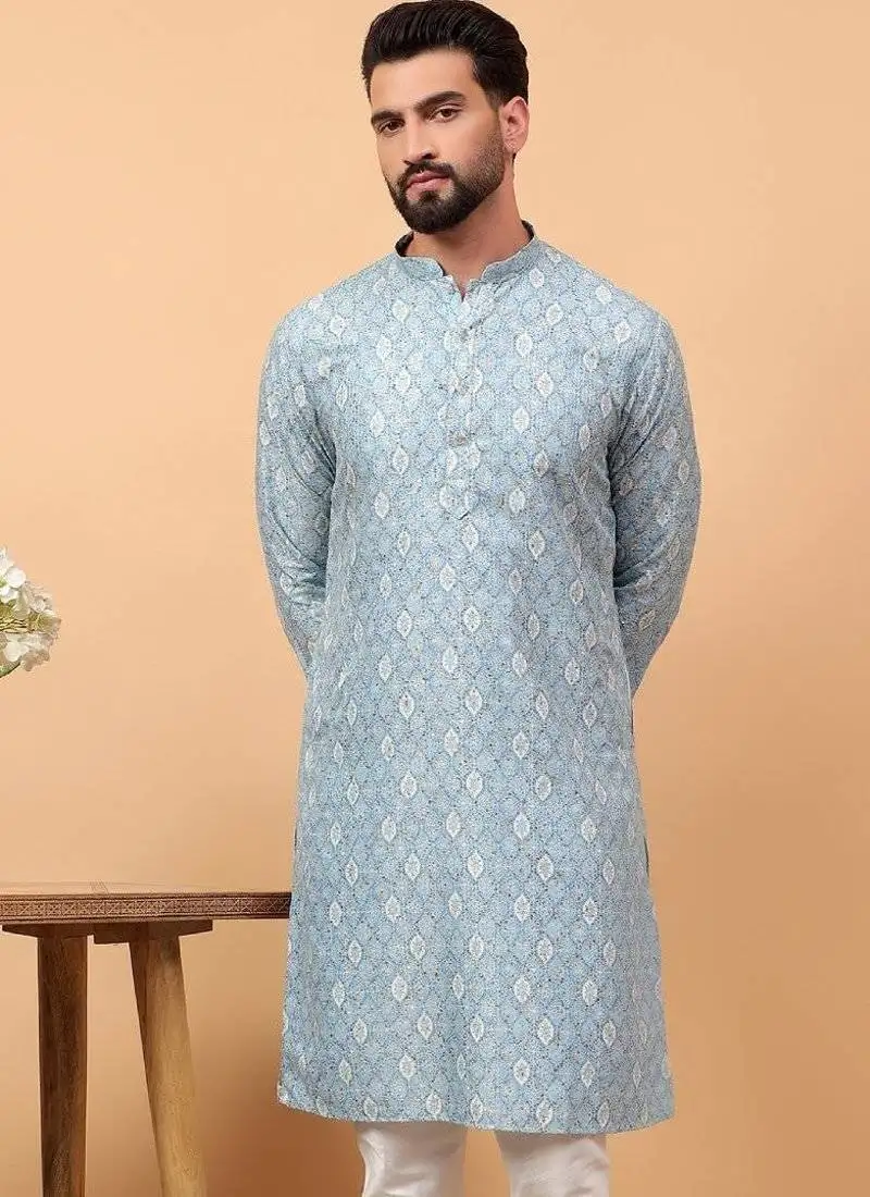 Blue chikankari embroidery cotton kurta embellish work by treemoda