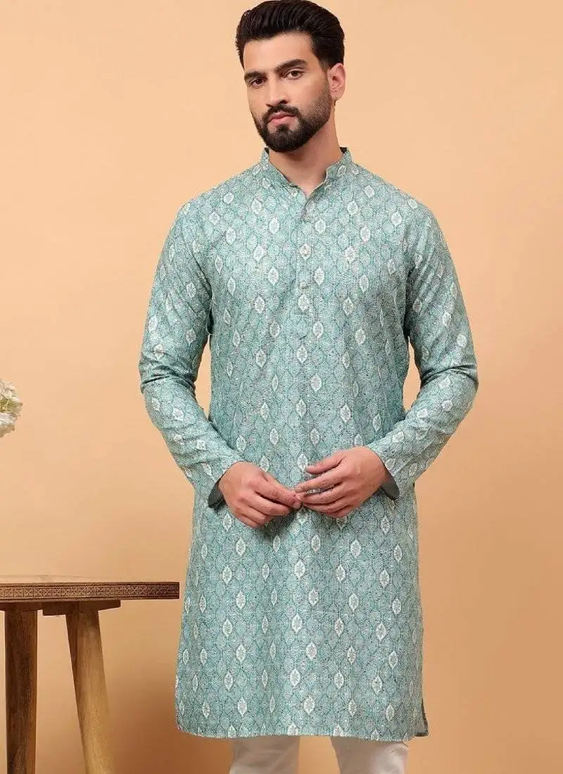 Green chikankari embroidery cotton kurta embellish work