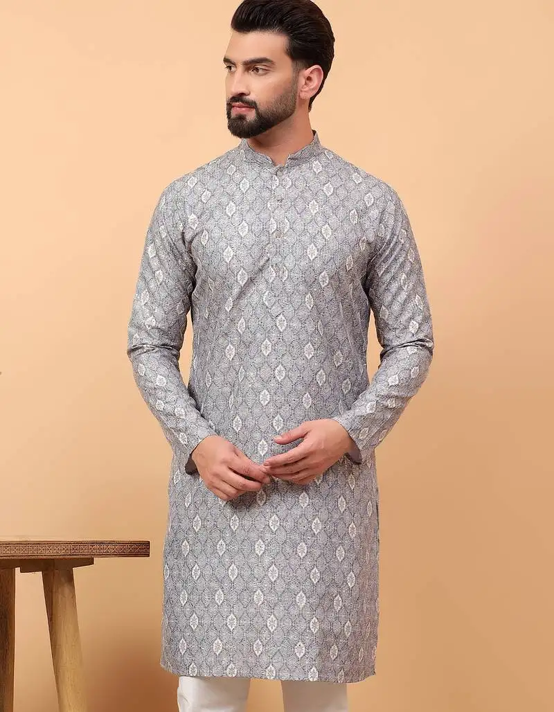 Grey chikankari embroidery cotton kurta embellish work