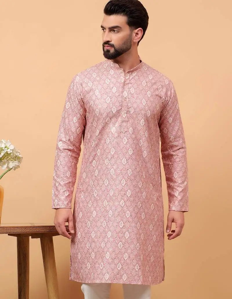 Pink chikankari embroidery cotton kurta embellish work