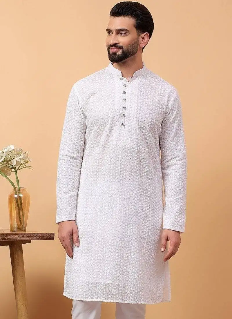 White chikankari embroidery georgette kurta embellish work
