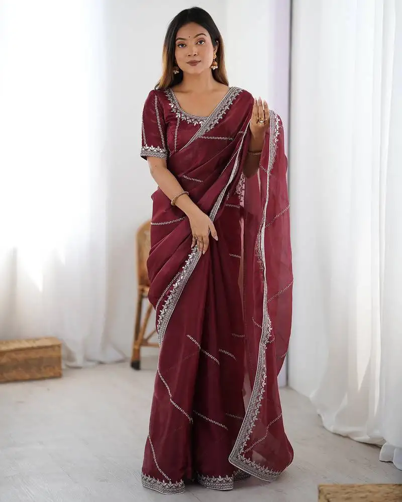 Tissue silk maroon saree with tissue silk blouse