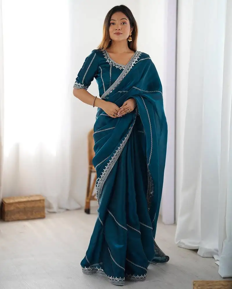 Tissue silk blue saree with tissue silk blouse