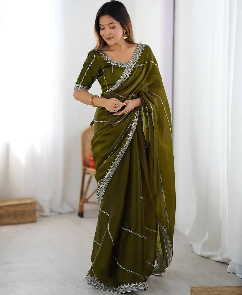 Tissue silk green saree with tissue silk blouse