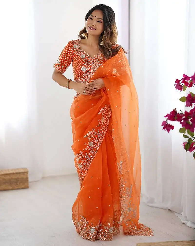Organza orange saree with organza blouse