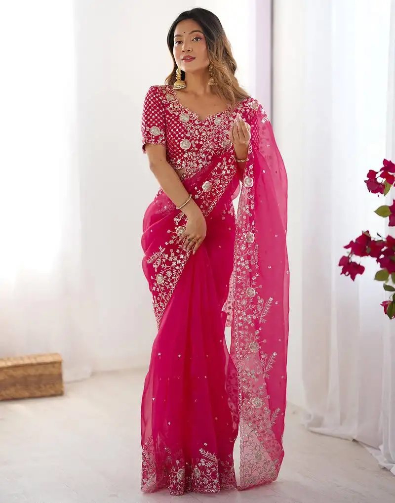 Organza pink saree with organza blouse