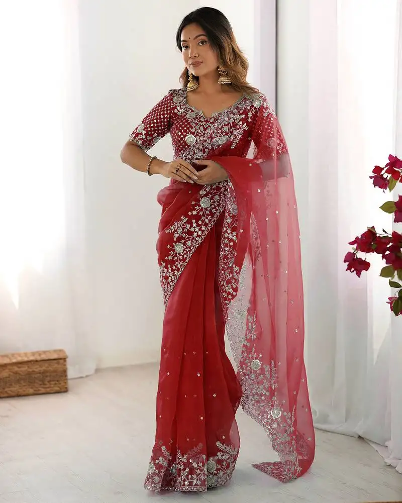 Organza red saree with organza blouse