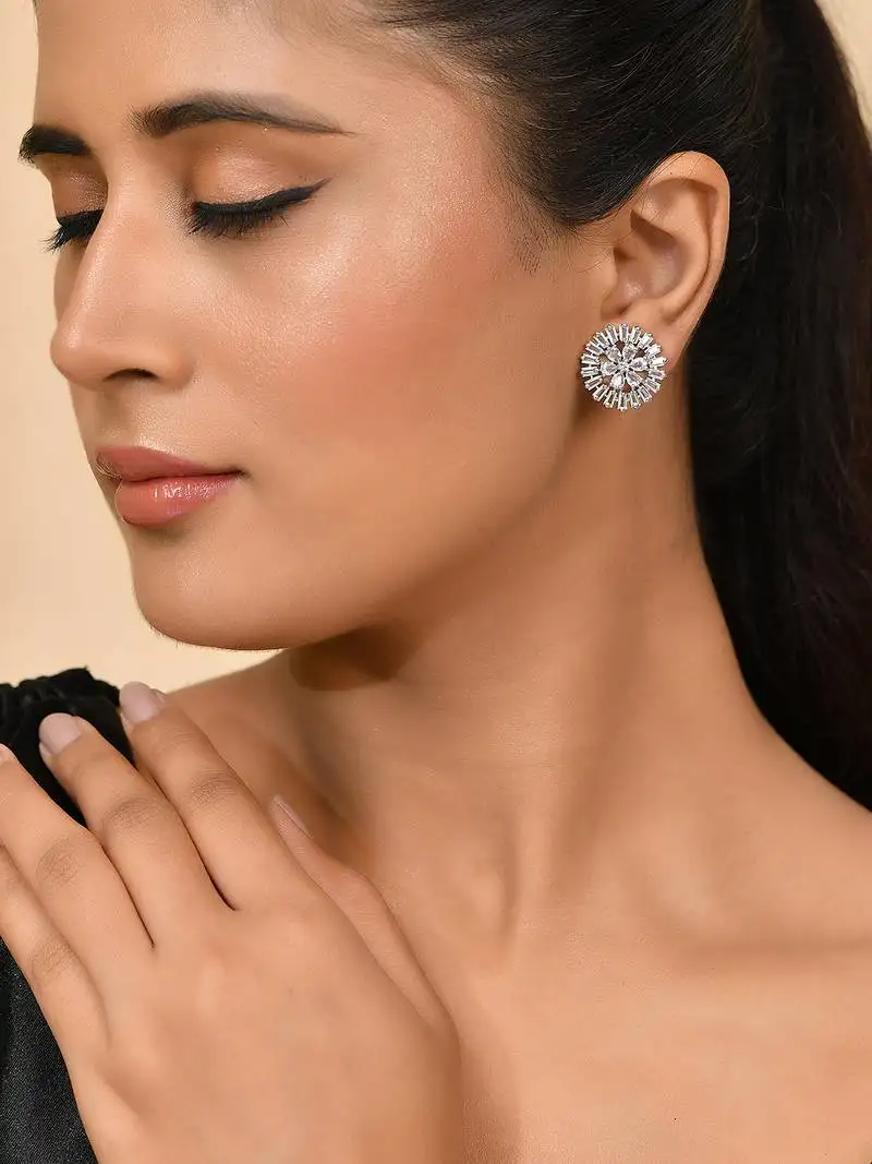 Silver-toned circular cluster cz stud earrings