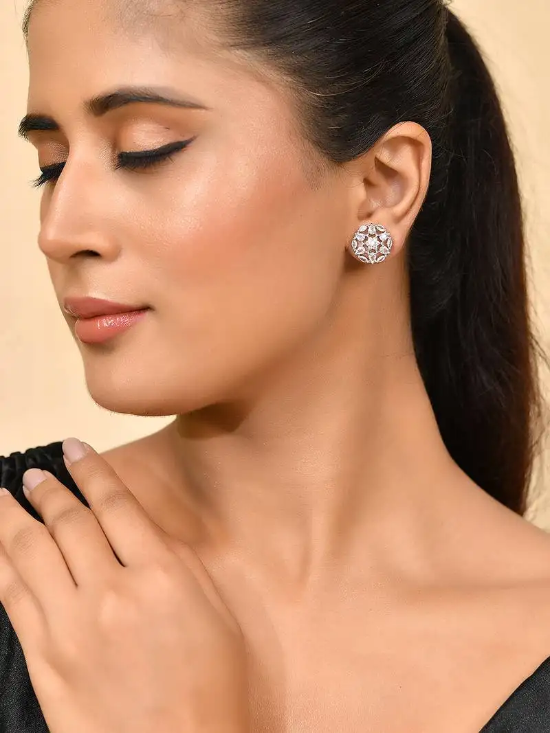 Silver-toned floral cz stud earrings