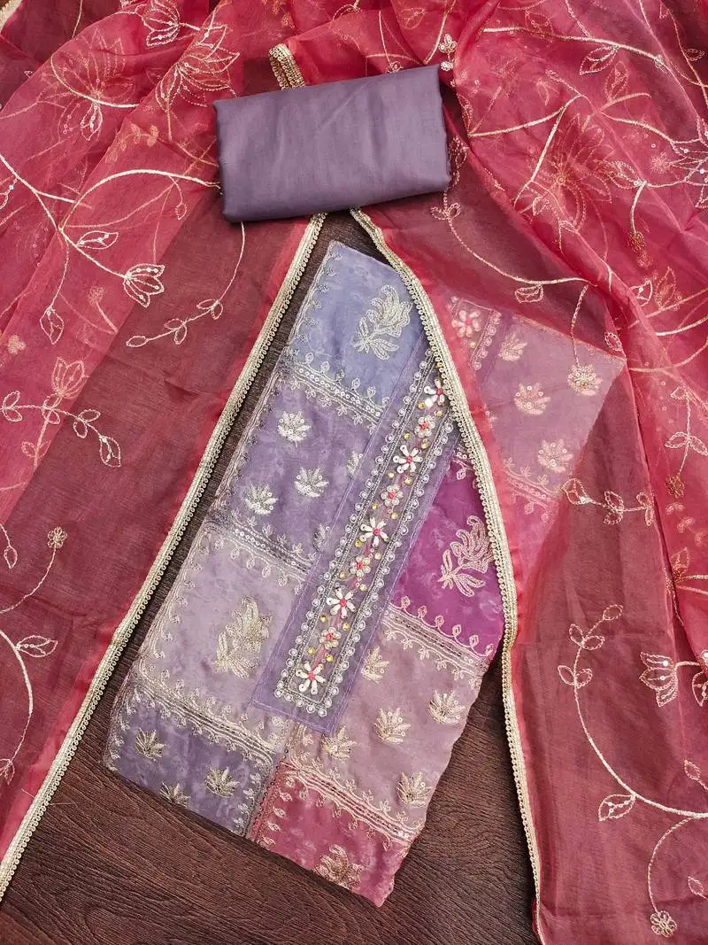 Women's purple viscose organza handwork unstitched dress material