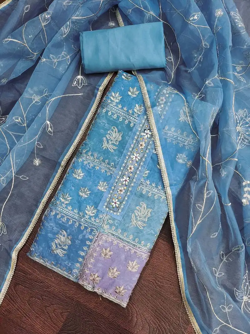 Women's blue viscose organza handwork unstitched dress material