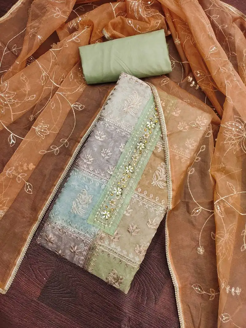 Women's mint viscose organza handwork unstitched dress material