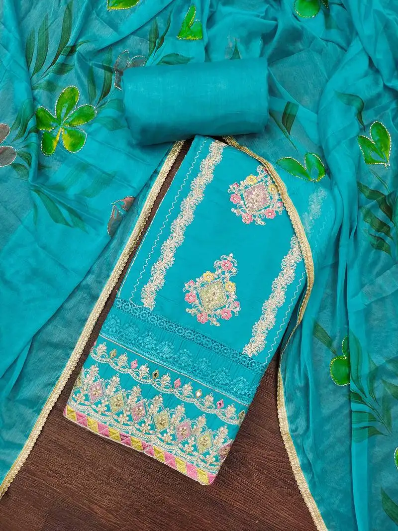 Women's blue premium roman cotton embroidered unstitched dress material