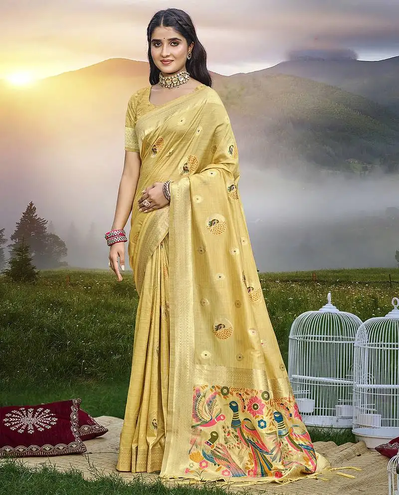 Yellow color graceful woven meenakari designer saree on assam silk fabric