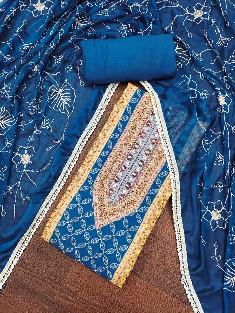 Women's blue cotton handwork unstitched dress material
