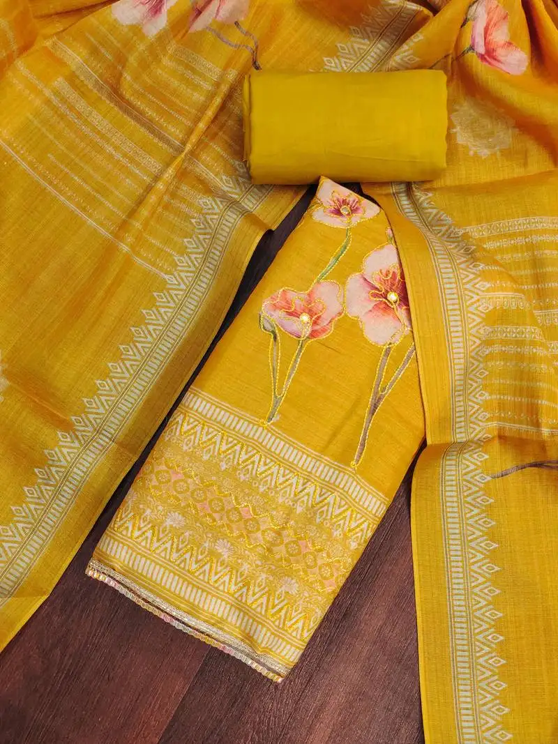 Women's yellow cotton silk embroidered unstitched dress material