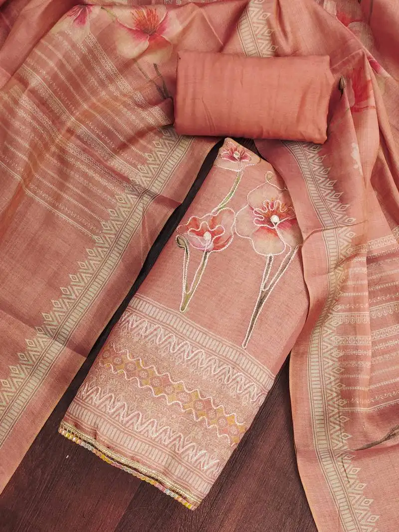 Women's peach cotton silk embroidered unstitched dress material