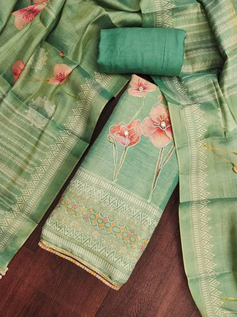 Women's mint cotton silk embroidered unstitched dress material