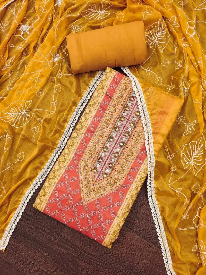 Women's mustard cotton handwork unstitched dress material