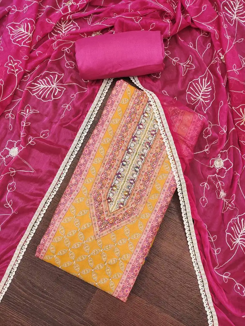 Women's magneta cotton handwork unstitched dress material