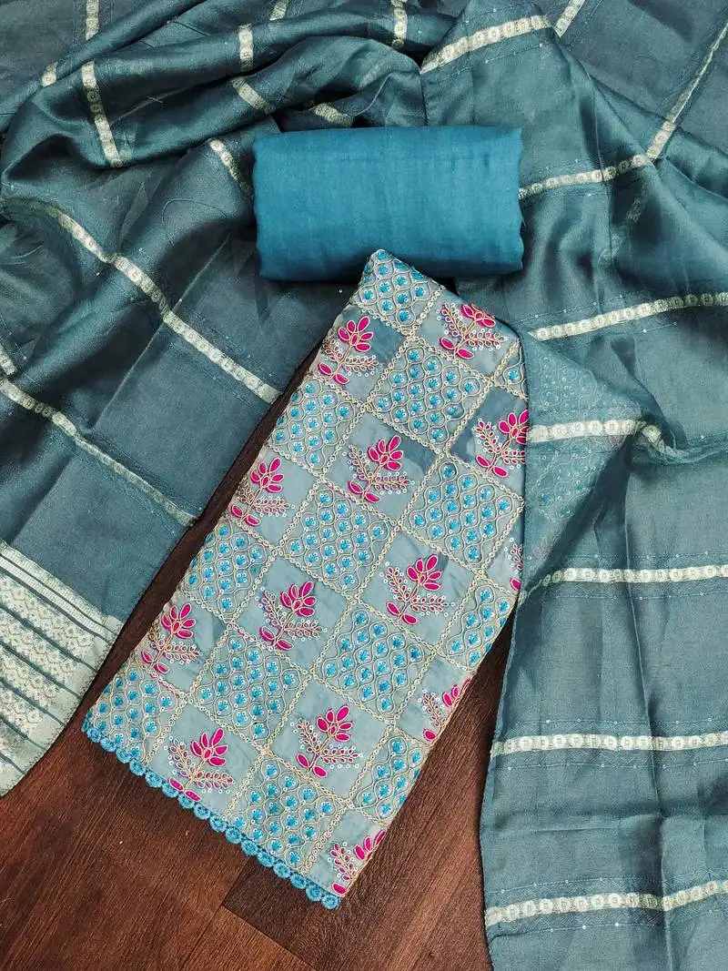 Women's blue silk embroidered unstitched dress material