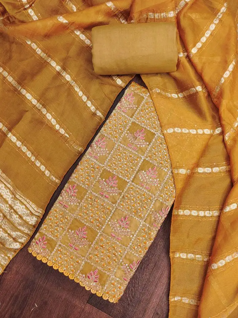 Women's mustard silk embroidered unstitched dress material