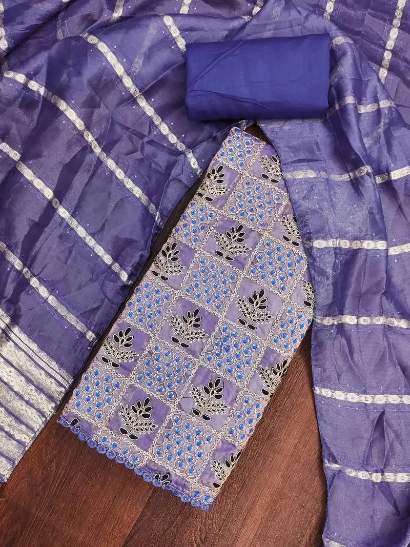 Women's navy blue silk embroidered unstitched dress material