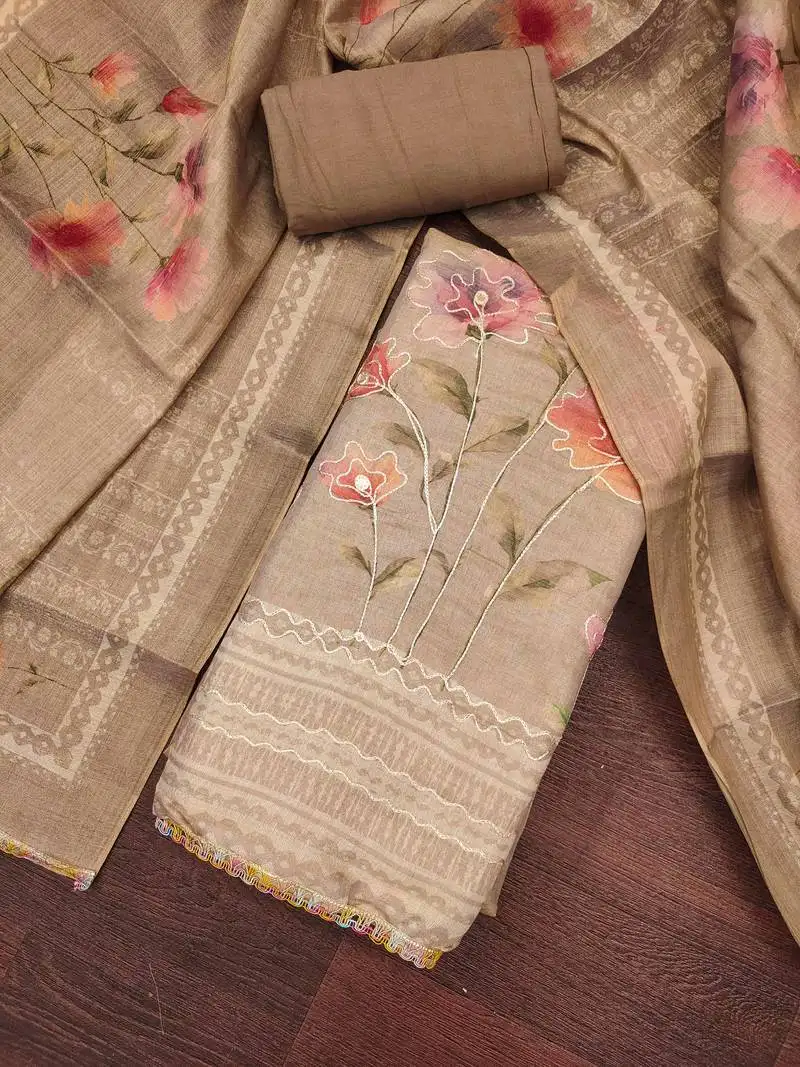 Women's brown cotton silk embroidered unstitched dress material