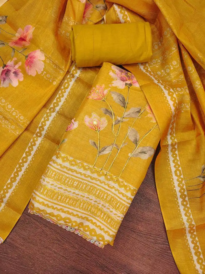 Women's mustard cotton silk embroidered unstitched dress material