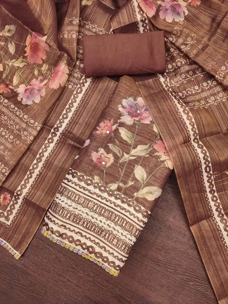 Women's coffee cotton silk embroidered unstitched dress material