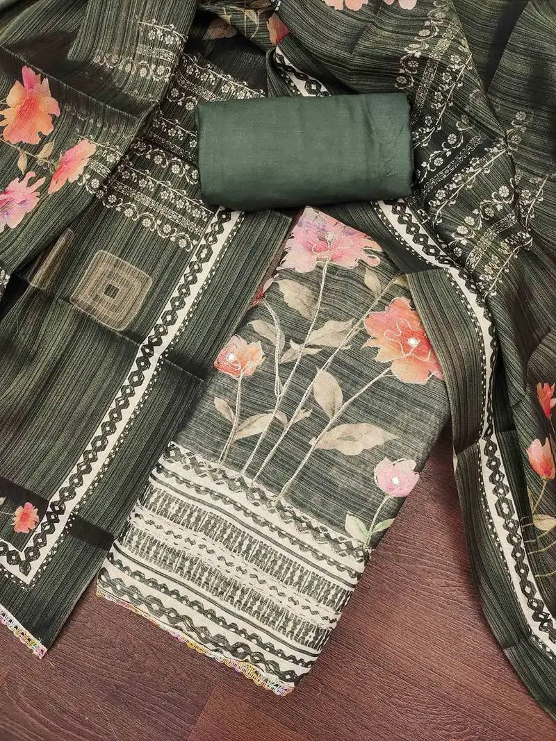 Women's olive cotton silk embroidered unstitched dress material