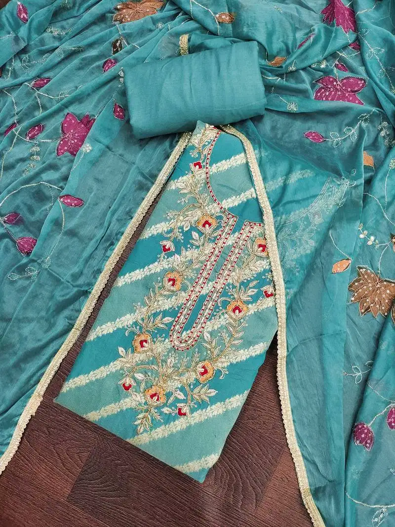 Women's blue silk handwork unstitched dress material