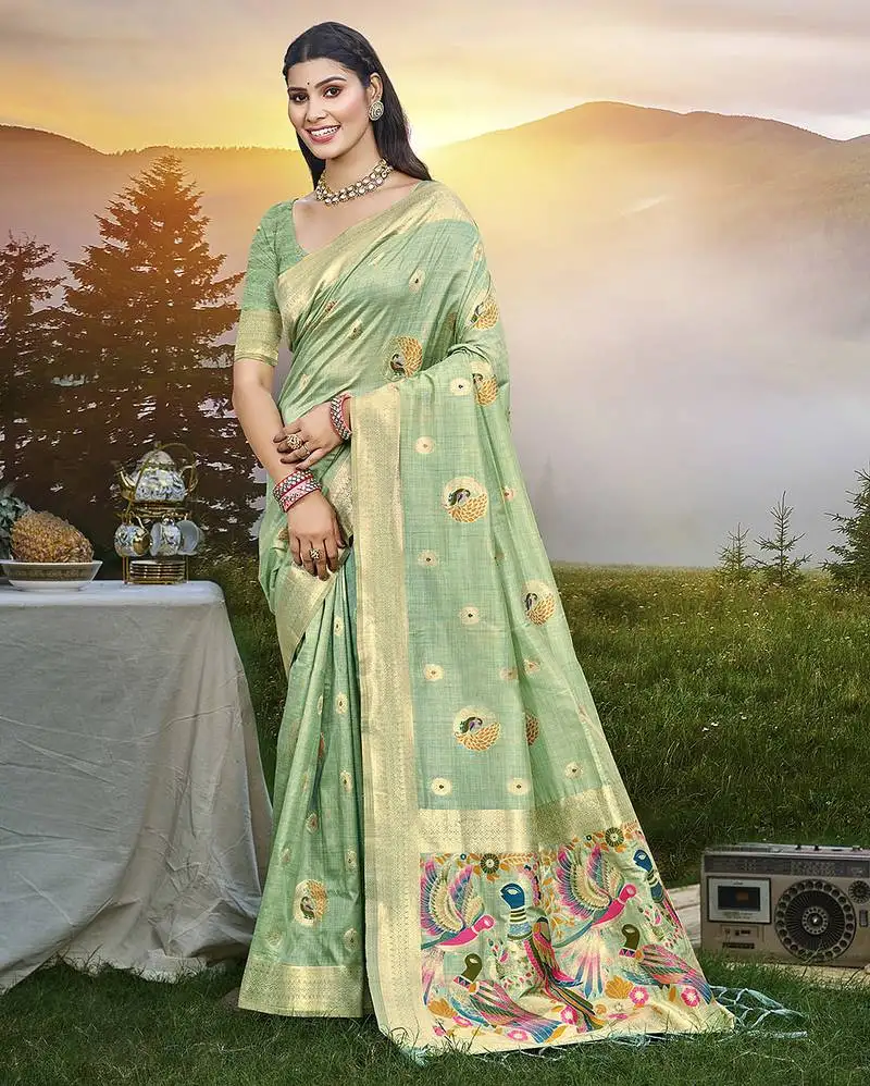 Sea green color graceful woven meenakari designer saree on assam silk fabric