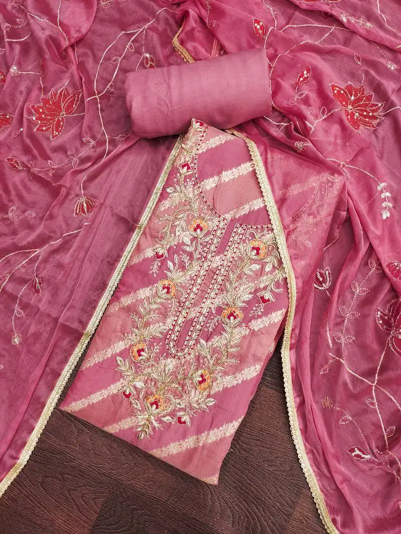 Women's pink silk handwork unstitched dress material