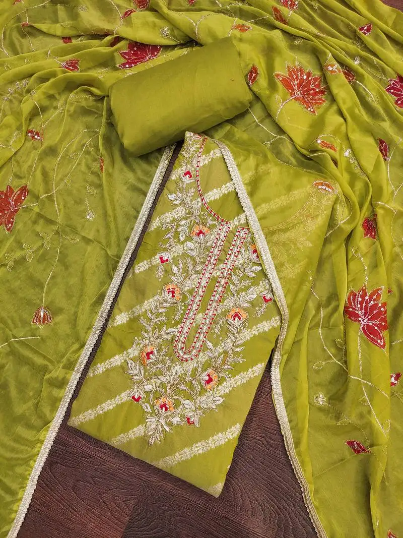 Women's green silk handwork unstitched dress material