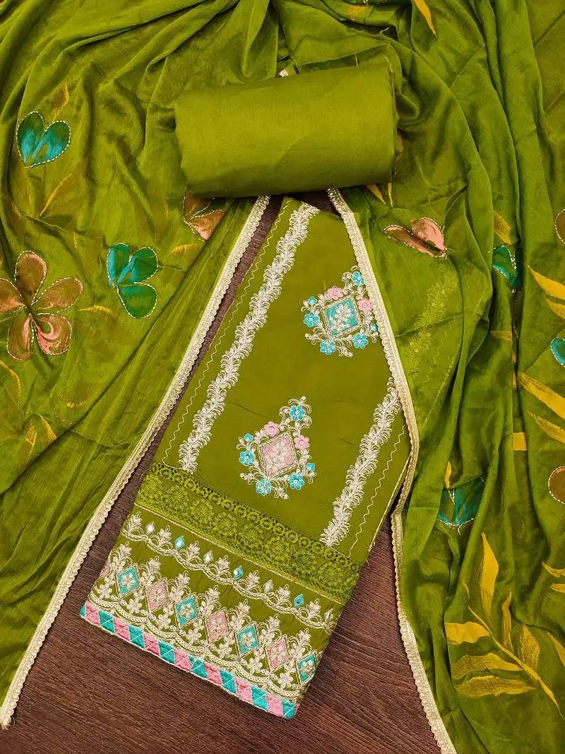 Women's parrot green premium roman cotton embroidered unstitched dress material