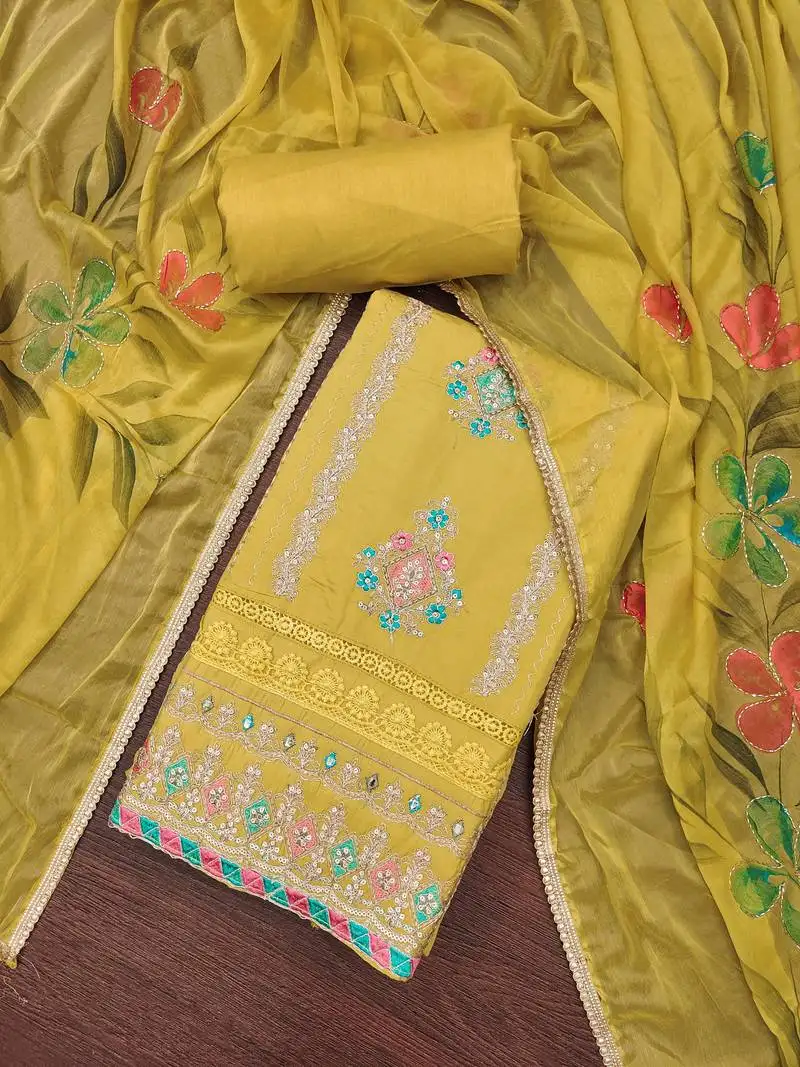 Women's yellow premium roman cotton embroidered unstitched dress material