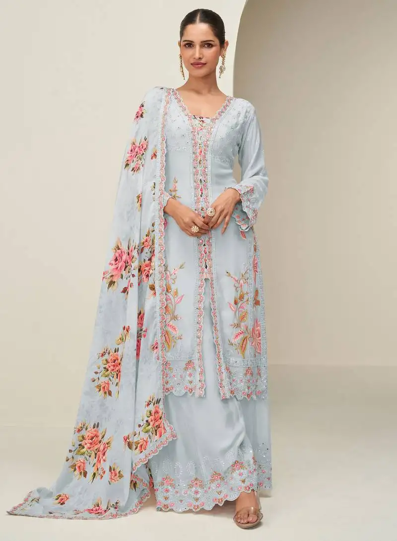 Blue chinnon silk palazzo suit with zari, sequin & mirror work and prints. free size up to 42". stitched