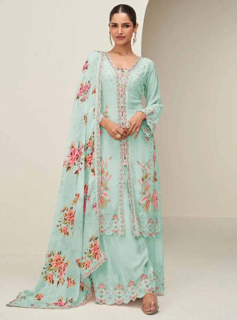 Sky blue chinnon silk palazzo suit with embroidery, sequin & mirror work and prints. free size 42". stitched