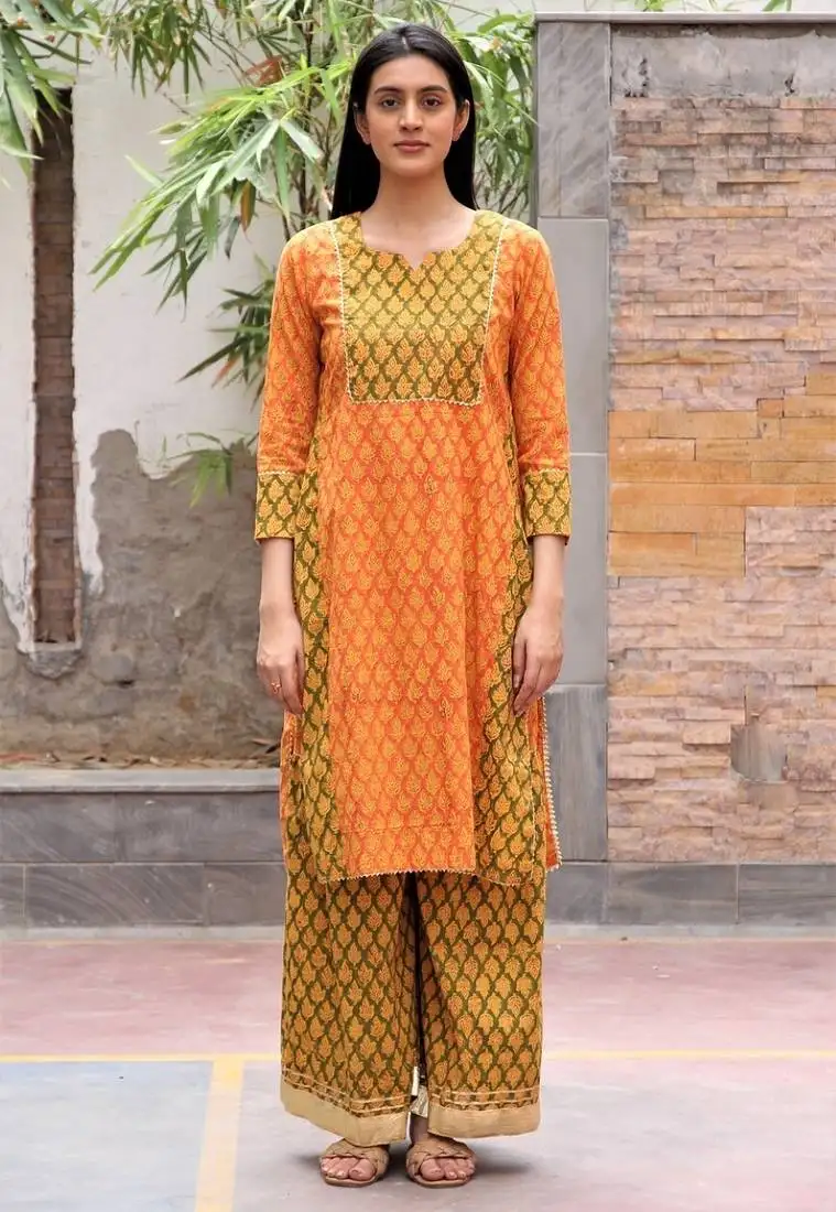 Orange hand block printed cotton dobby gharara suit- set of 3