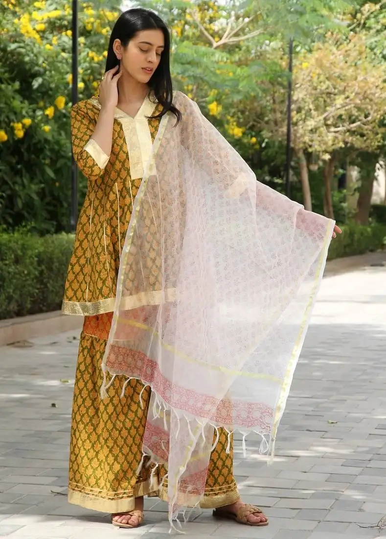 Green hand block printed cotton dobby gharara suit- set of 3