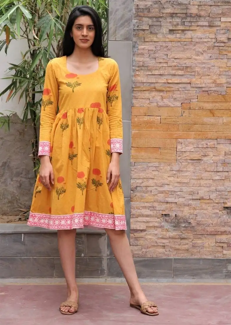 Mustard yellow hand block printed cotton dobby dress
