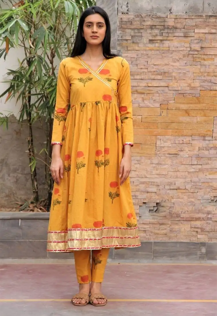 Mustard yellow hand block printed cotton dobby angrakha suit - set of 3