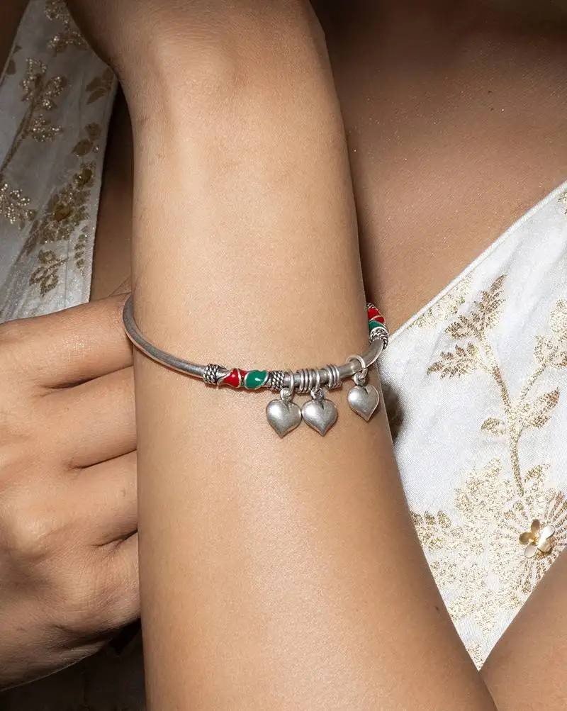 Heart charms silver kada