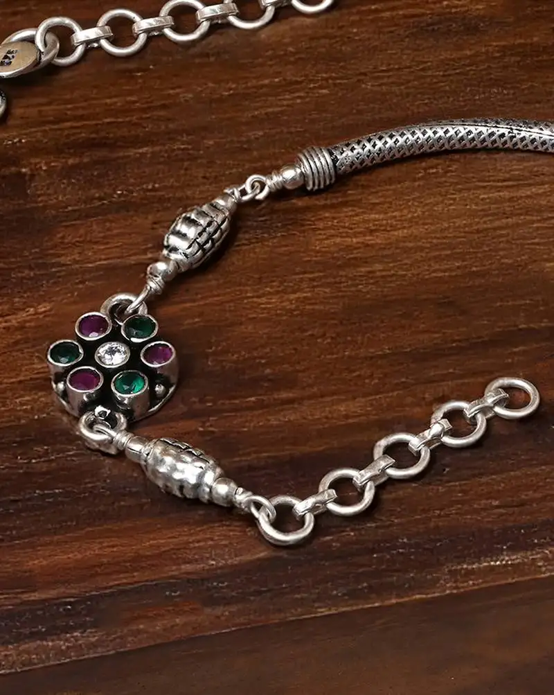 Multi-coloured floral motif silver anklets