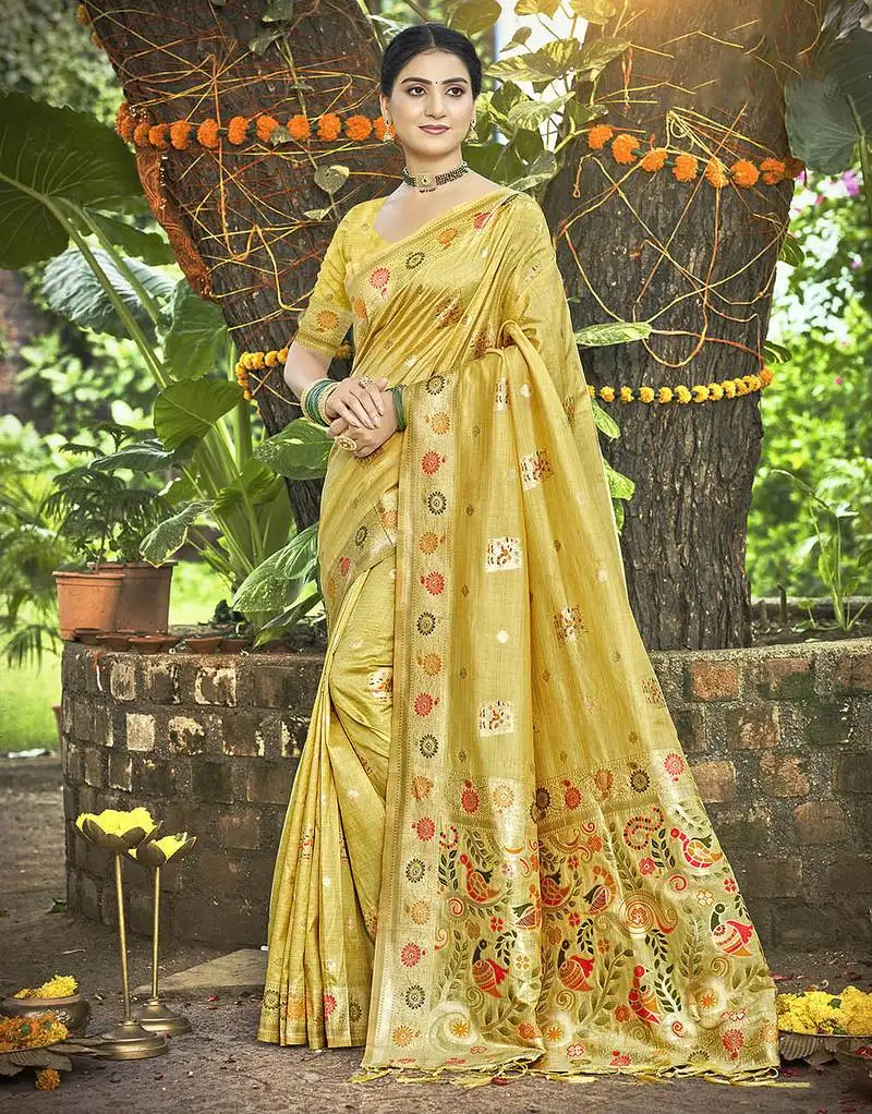 Yellow color heavy looks woven meenakari designer assam silk saree
