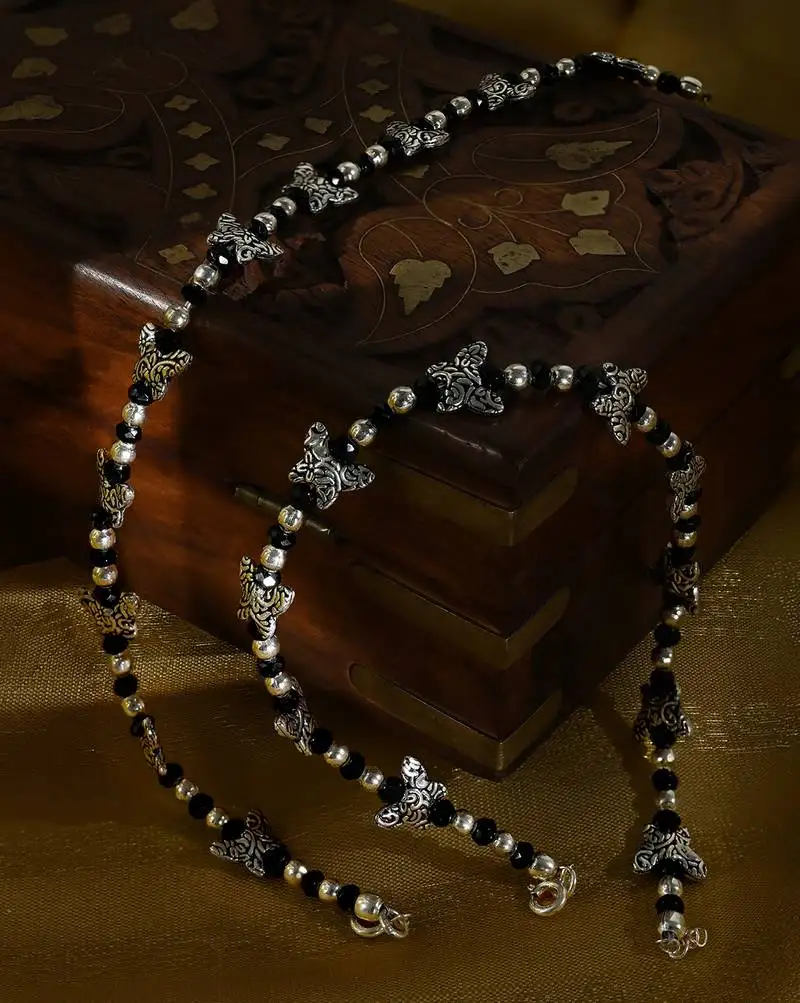 Embellished beads oxidised silver anklet