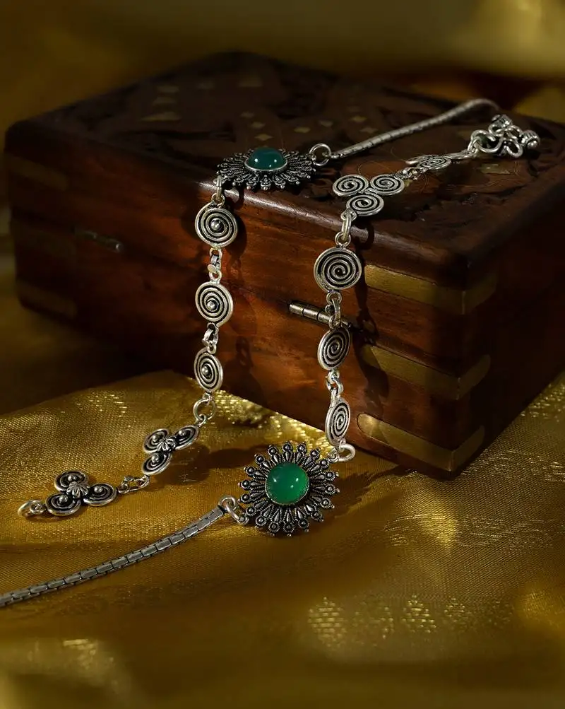 Spiral motifs green stone anklets