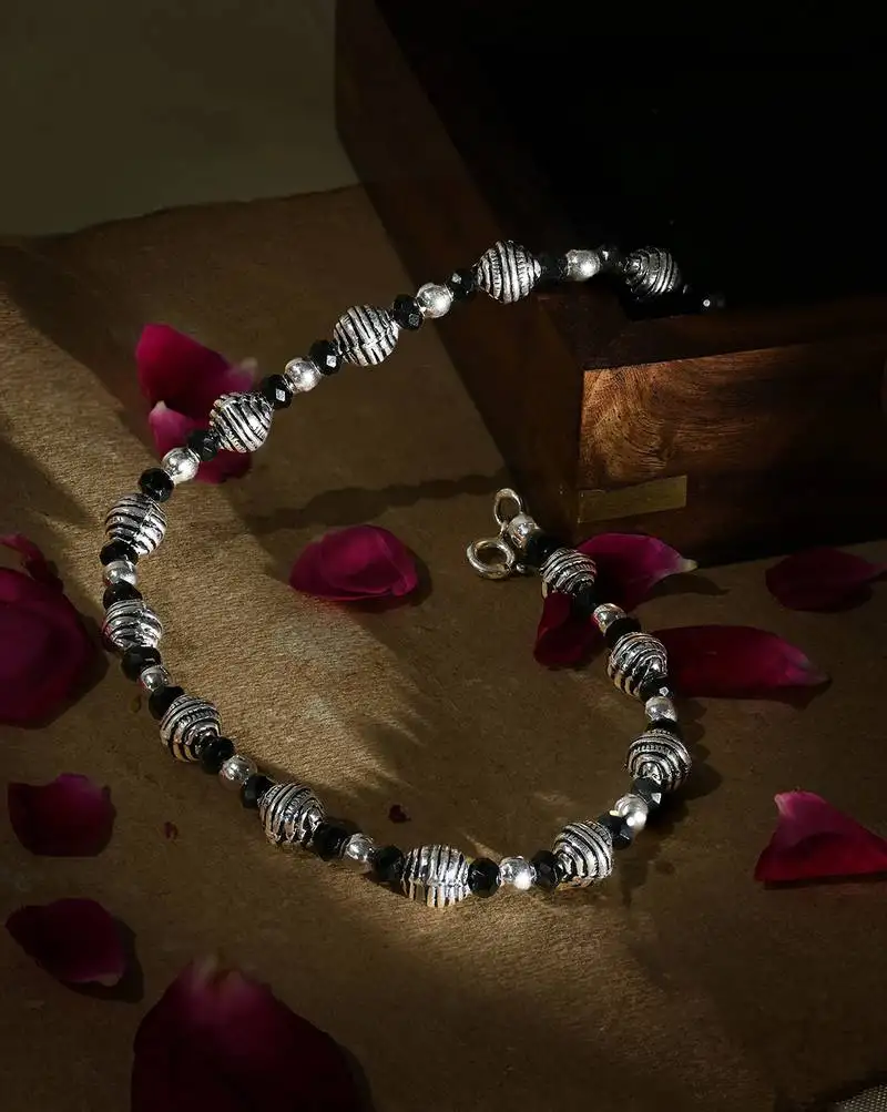 Silver black bead anklet